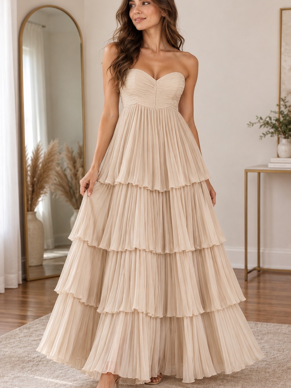 Strapless Tiered Pleated Maxi Dress in Beige